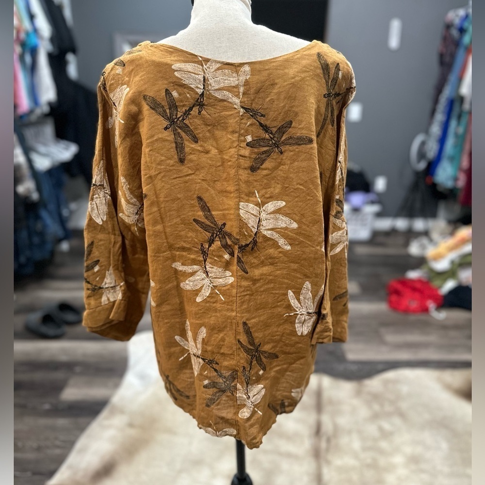 Viola Borghi Top Size Medium Linen Dragon Fly Shirt 3/4 Sleeve Linen - Picture 3 of 5